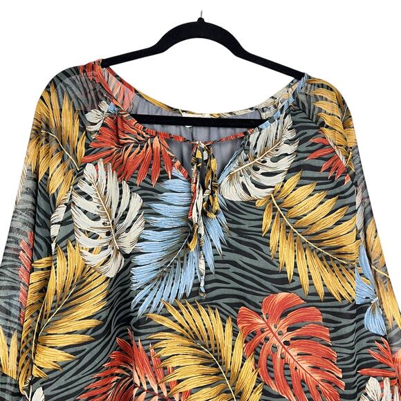 143 STORY by Line Up Dark Florals Leaf Print Chiffon Blouse Ruffled Sleeves  2X - Picture 3 of 5